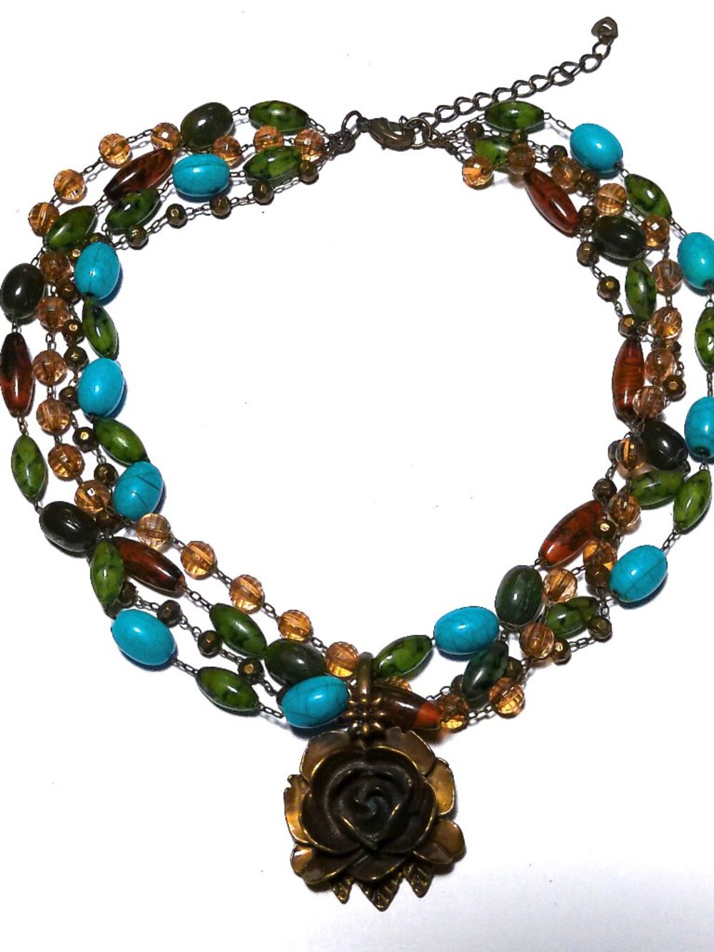 Beaded necklace 4-strands metal rose pendant bohemian summer jewelry
